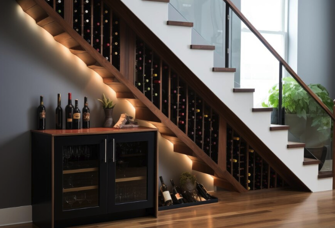 A wine rack under the stairs in a home.